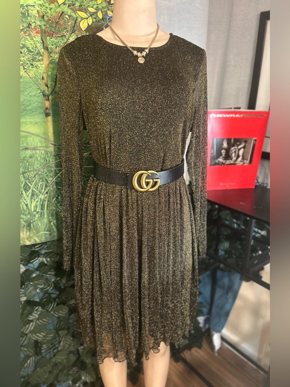 Metallic Gold Shimmer Long-Sleeve Pleated layered Women’s Dress NWOT’s